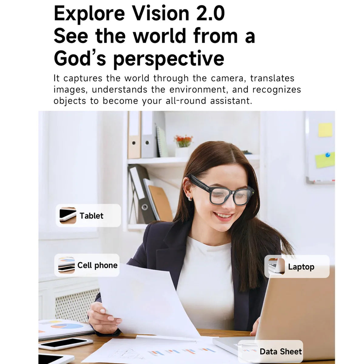 Lunettes vidéo intelligentes pour myopie, stabilisées, enregistrement vidéo, transmission Wi-Fi et Bluetooth, reconnaissance d'objets.