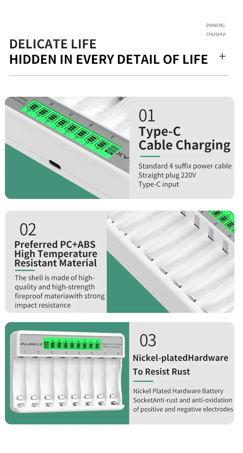 PUJIMAX 8-Slots LCD Display Fast Smart Battery Charger Type-C Charging For 1.2V Ni-MH Ni-CD AA AAA  Rechargeable Battery Charger
