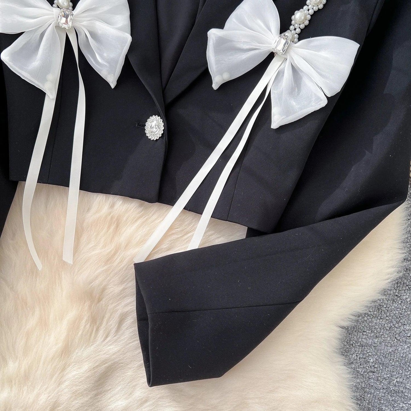 Chic Notched Basics Long Sleeve Elegant Embroidered Bead Butterfly Loose Coat French Streetwear High Street Autumn Winter Top