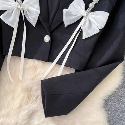 Chic Notched Basics Long Sleeve Elegant Embroidered Bead Butterfly Loose Coat French Streetwear High Street Autumn Winter Top