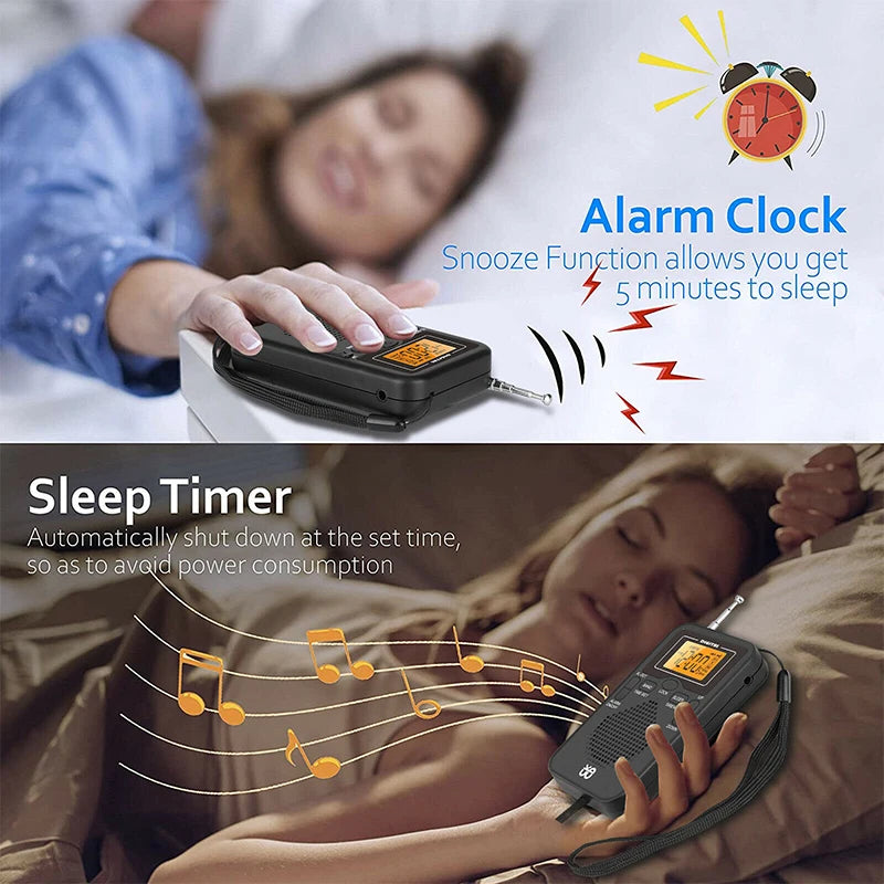Portable Radio Mini AM FM Weather Radio Pocket Radio Player LCD Screen Digital Alarm Clock Radio Long Range Best Reception