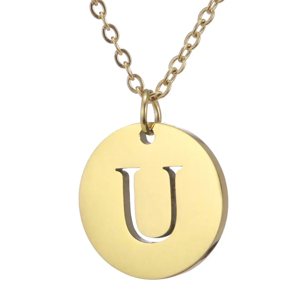 New Trend Stainless Steel Gold Silver Color Initials Necklace Hollow Round 26 Letter Pendant Necklace Jewelry Christmas Gift
