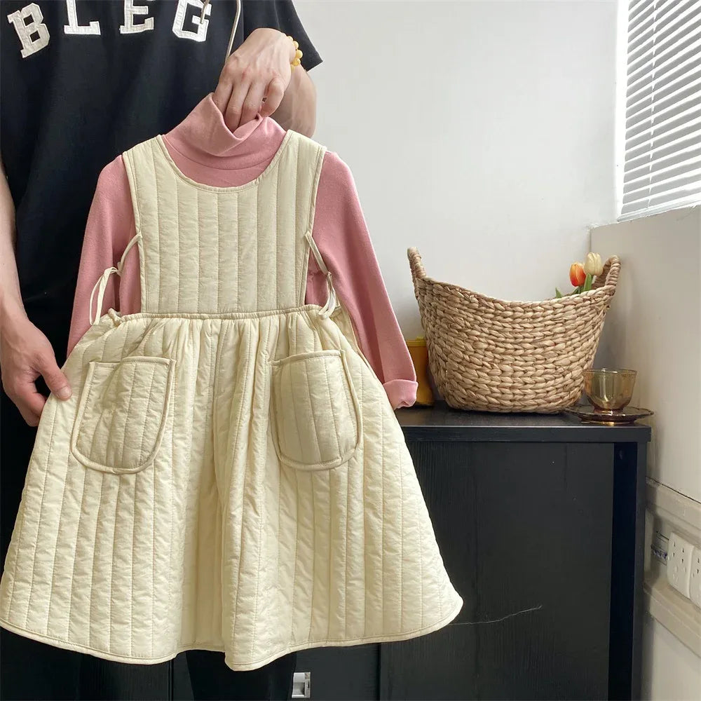 Girls Casual Dresses Autumn Winter New Forest Style Children Clothing Strap Skirt Princess Sleeveless Striped Soild