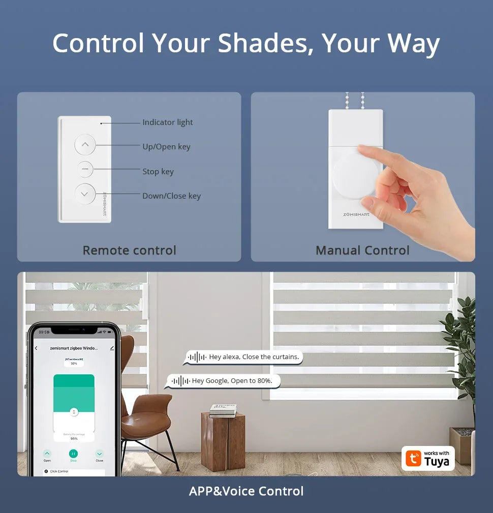 Zemismart Zigbee Smart Roller Shade Driver Built in Battery with Knob Control Speed Work with Tuya App Alexa Google Home Voice