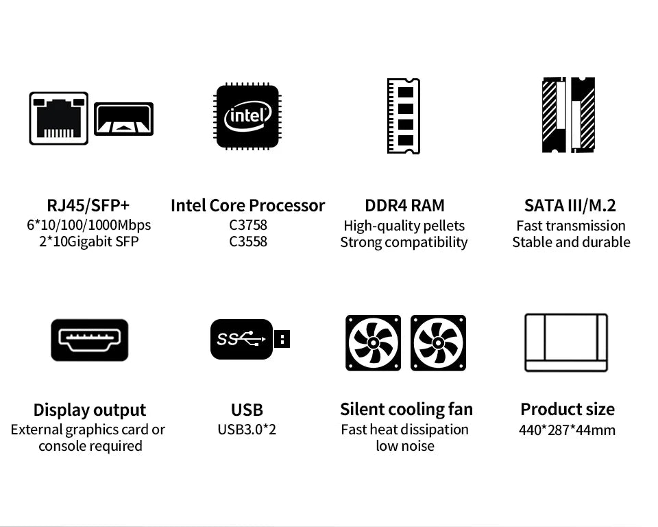 Partaker Firewall Hardware VPN Firewall Appliance 6 X LAN 4 X 10G SFP Intel Quad Core C3758 C3958 1U Firewall Server OPNsense
