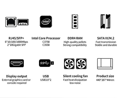 Partaker Firewall Hardware VPN Firewall Appliance 6 X LAN 4 X 10G SFP Intel Quad Core C3758 C3958 1U Firewall Server OPNsense