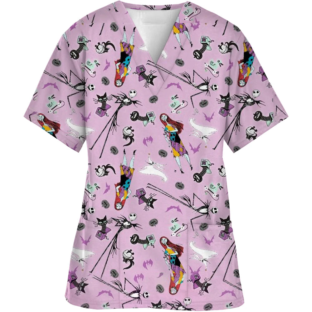 Vêtements de travail à col en V, motif cauchemar de Noël, pour Halloween, chirurgie, grande taille, infirmière, vêtements médicaux, haut mat pour femmes