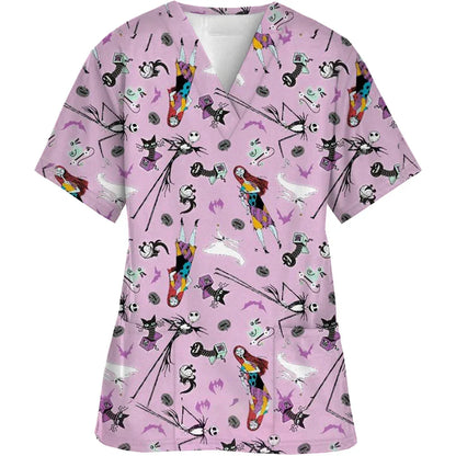 Christmas Nightmare V-neck Work Clothes Halloween Surgery plus size Nurse Medical Clothes Matte Top Women