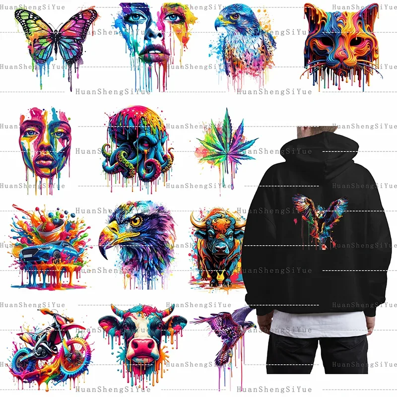 Color Fluid Painting Ironing Sticker Clothes DTF Fashion T-shirt Hoodie DIY Jacket Patch Hot Paste Paper