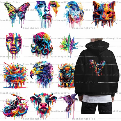 Color Fluid Painting Ironing Sticker Clothes DTF Fashion T-shirt Hoodie DIY Jacket Patch Hot Paste Paper