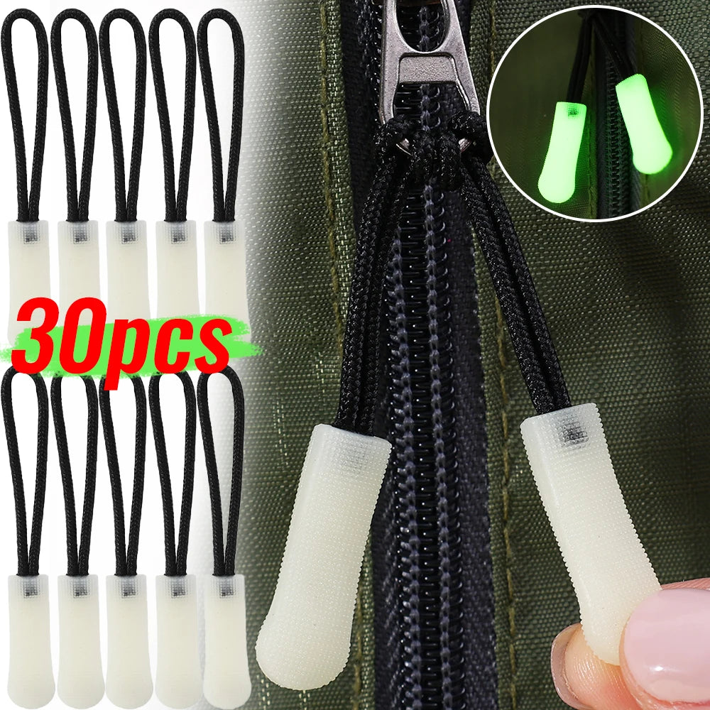 30-3pcs Luminous Zipper Pull Rope Glow in The Dark Zipper Head Anti-lost Backpack Clothes Jackets Slider DIY Repair Sewing Tool