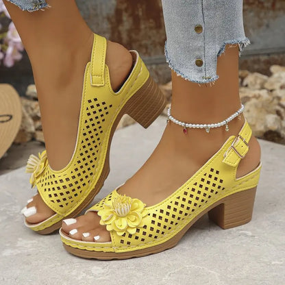 Women's Chunky Heel Sandals Summer 2026 Fashion Flower Hollow Beach Shoes Lightweight High Heeled Casual Sandals for Women