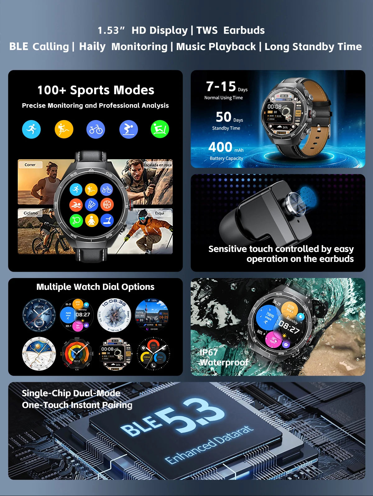 LIGE 2 In 1 Smart Watch With Earbuds NFC Smartwatch TWS Bluetooth Earphone Heart Rate Blood Pressure Monitor Sport Fitness Watch
