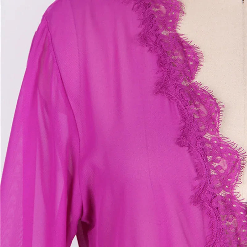 Women's Sheer Lace Kimono Robe, Long Sleeve V-Neck Belted Soft Bridal Wedding Lingerie Nightwear Multi-color