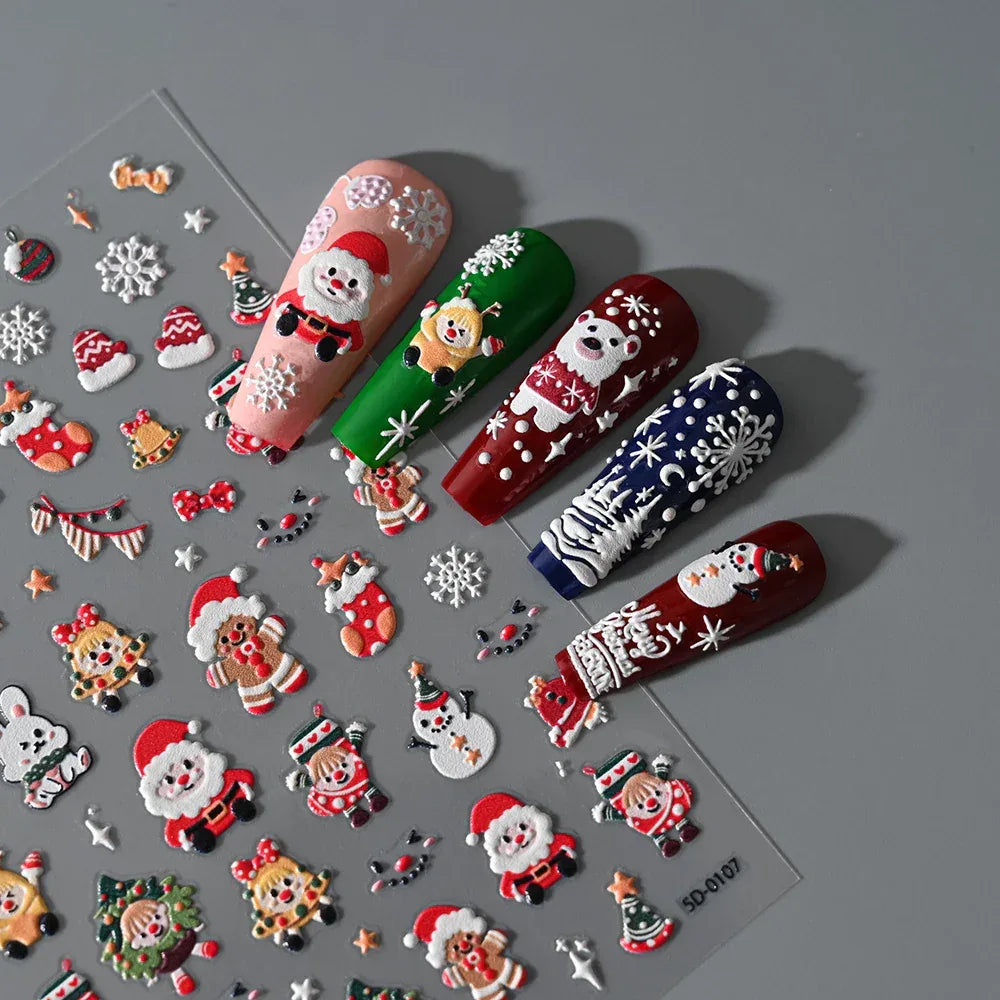 1pc Christmas Nail Art Stickers 5D Winter Holiday Themed Nail Decor Santa/Snowflakes/Christmas Trees/Gingerbread Nail Supplies *