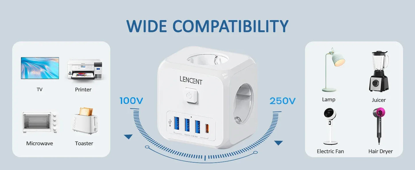 LENCENT Multi USB Wall Socket Cube with 3AC Outlets USB-A and Type C 7-in-1 Power Strip EU Plug Socket On/Off Switch for Home