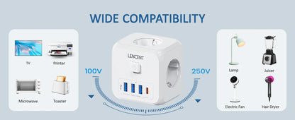 LENCENT Multi USB Wall Socket Cube with 3AC Outlets USB-A and Type C 7-in-1 Power Strip EU Plug Socket On/Off Switch for Home