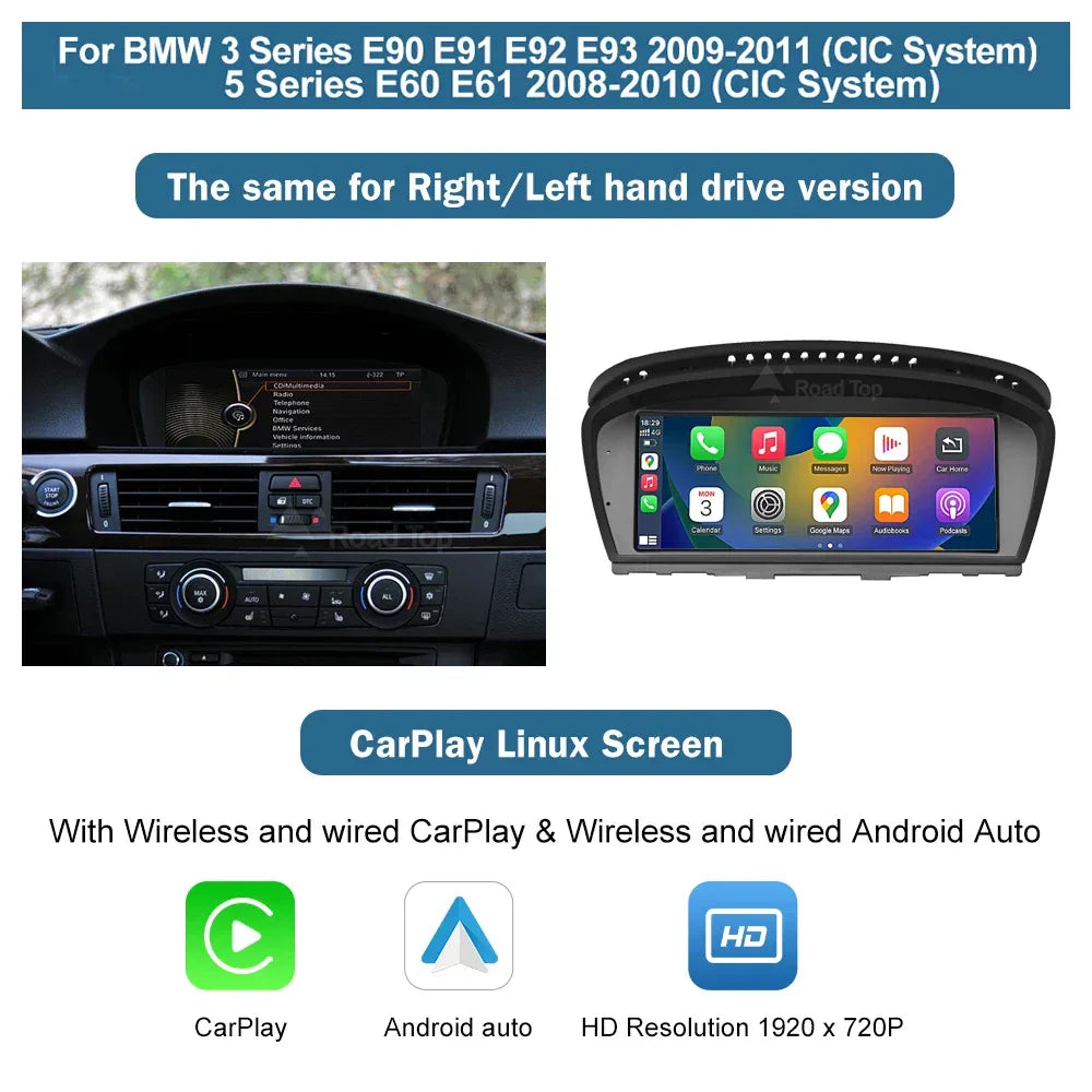 Road Top 8.8'' Wireless Carplay Android Auto Multimedia Display Screen For BMW 3 Series E90 E91 E92 E93 5 Series E60 E61 CCC CIC