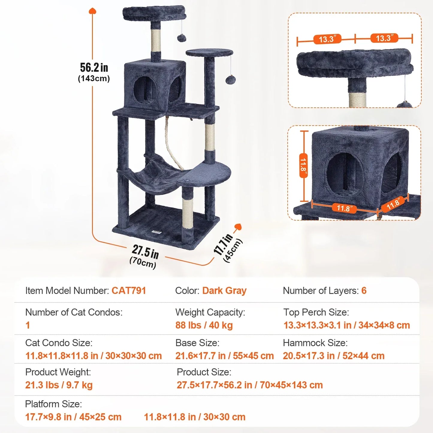 SucceBuy Cat Tree for Indoor Cats 45.2"  Tower with Cat Condo Sisal Scratching Post HammockTop Perch Jumping Platforms Dark Grey