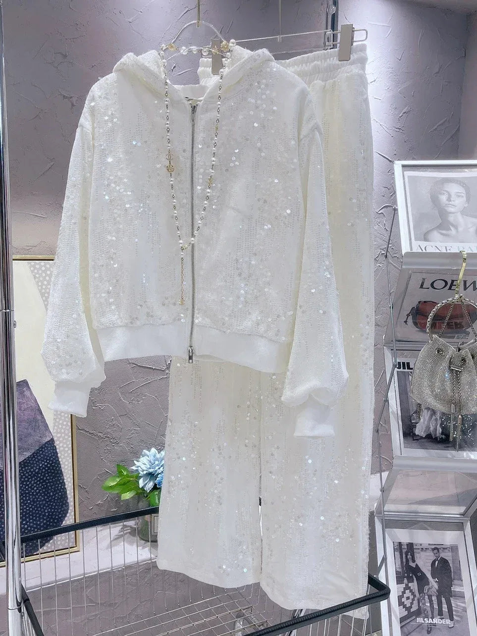 Fashion Pink Casual Suit for Women Autumn Winter New Gold Velvet Sequins Pearl Embroidery Sweatshirt Sports Pants Two-Piece Sets