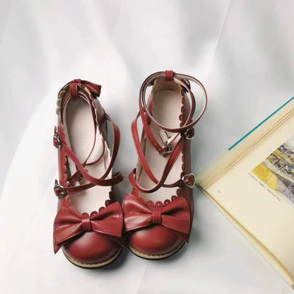 Lolita Shoes Women Flats Low Round With Cross Straps Bow Cute Girls Princess Tea Party Shoes Students Lovely Shoes Size 34-41
