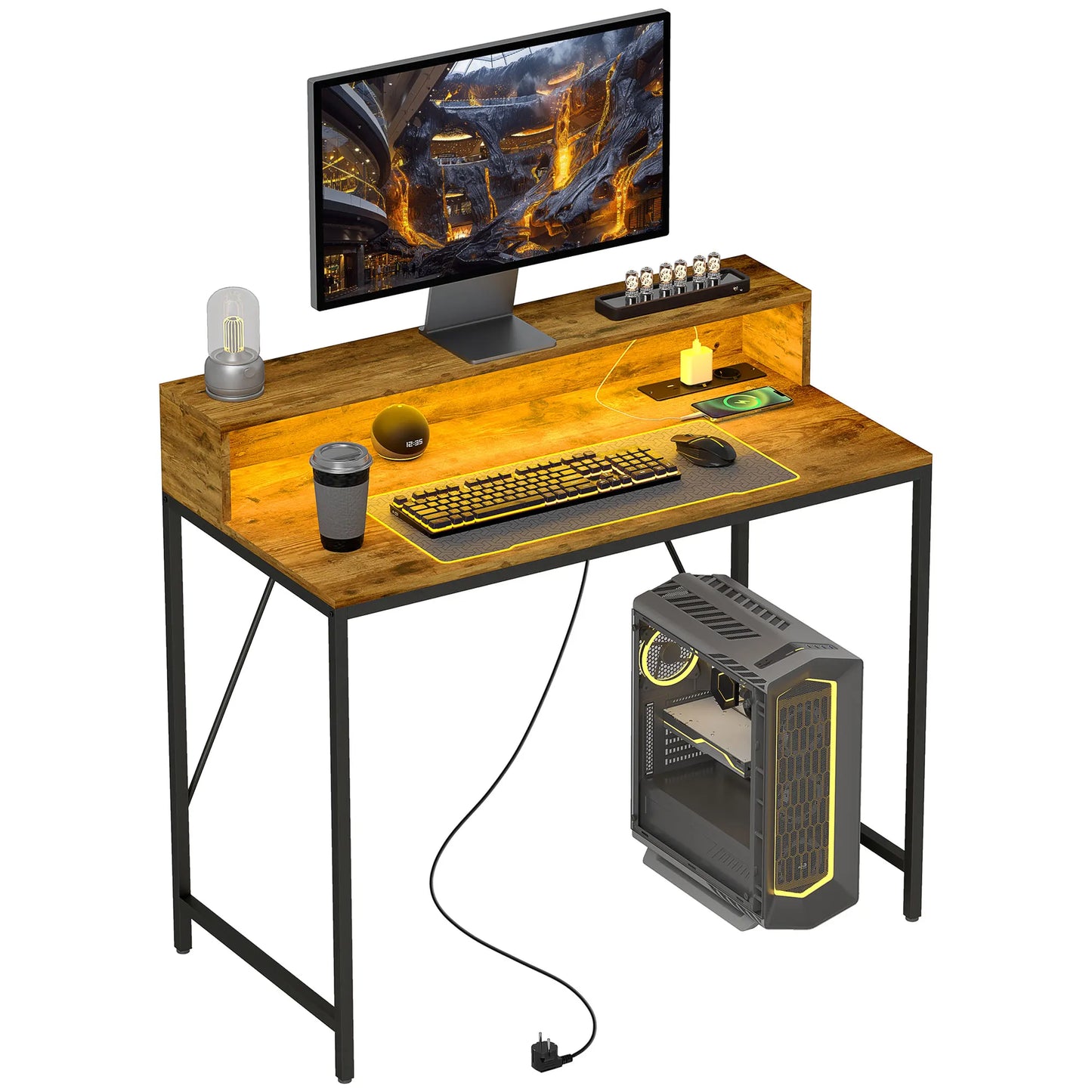 Homcom Desk Table with Led Lights 100X50X90.5 cm Rustic Brown