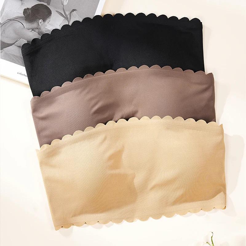 Hot Sale New Design Effective Slip-proof Scallop Side One Piece Bralette Padded Ice Silk Seamless Strapless Bra For Women