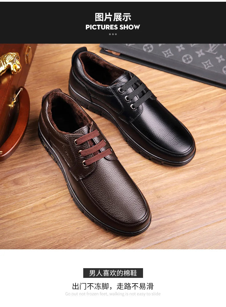 Autumn Men's Leather Shoes True Cowhide Flat Bottom Anti-Slip Plus Size Casual Elderly Father Shoes Rubber Sole China Made