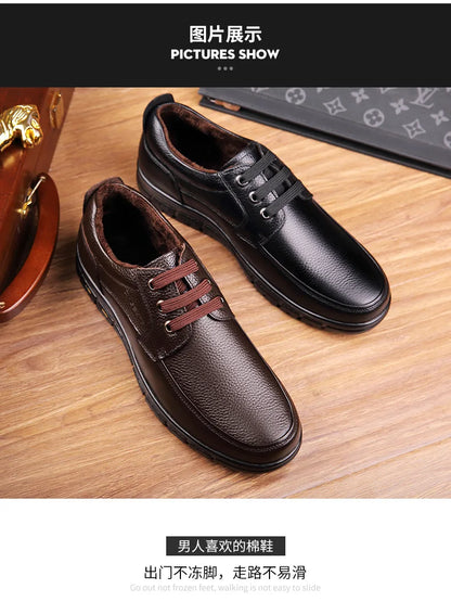 Autumn Men's Leather Shoes True Cowhide Flat Bottom Anti-Slip Plus Size Casual Elderly Father Shoes Rubber Sole China Made