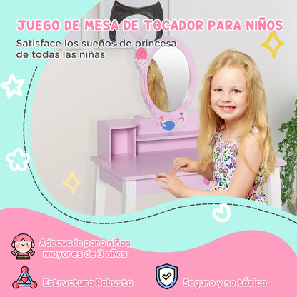 Homcom Children's Dressing Table with Stool and Mirror Princess Style Pink Wooden Makeup Table Toy for Girls 60X34X93 cm