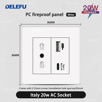 DELEFU86 PC White Flame Retardant Panel Italy Standard Wall Socket USB Type C Socket German Italian Socke EU Socket