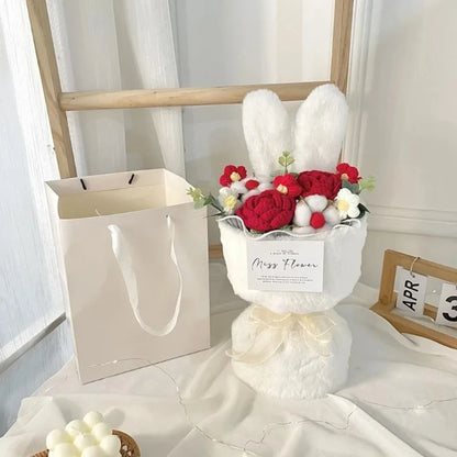 Rabbit Ears Crochet Flower Bouquet Handmade Completed Flower Bouquet with Gift Bag Creative Knit Rose Bouquet for Mother's Day