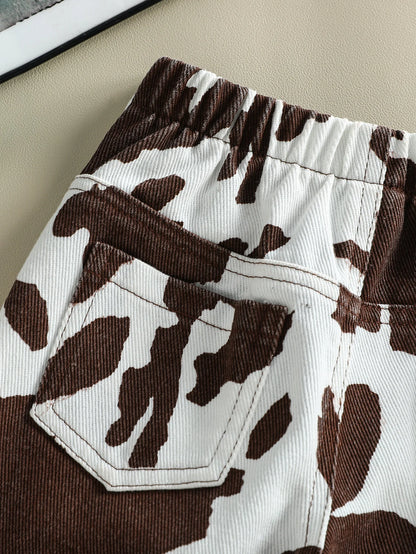 New Classic Black & White Cow Print Denim Pants with Button Waist & Pockets, Breathable & Comfortable for Baby Girls' Daily & Ca