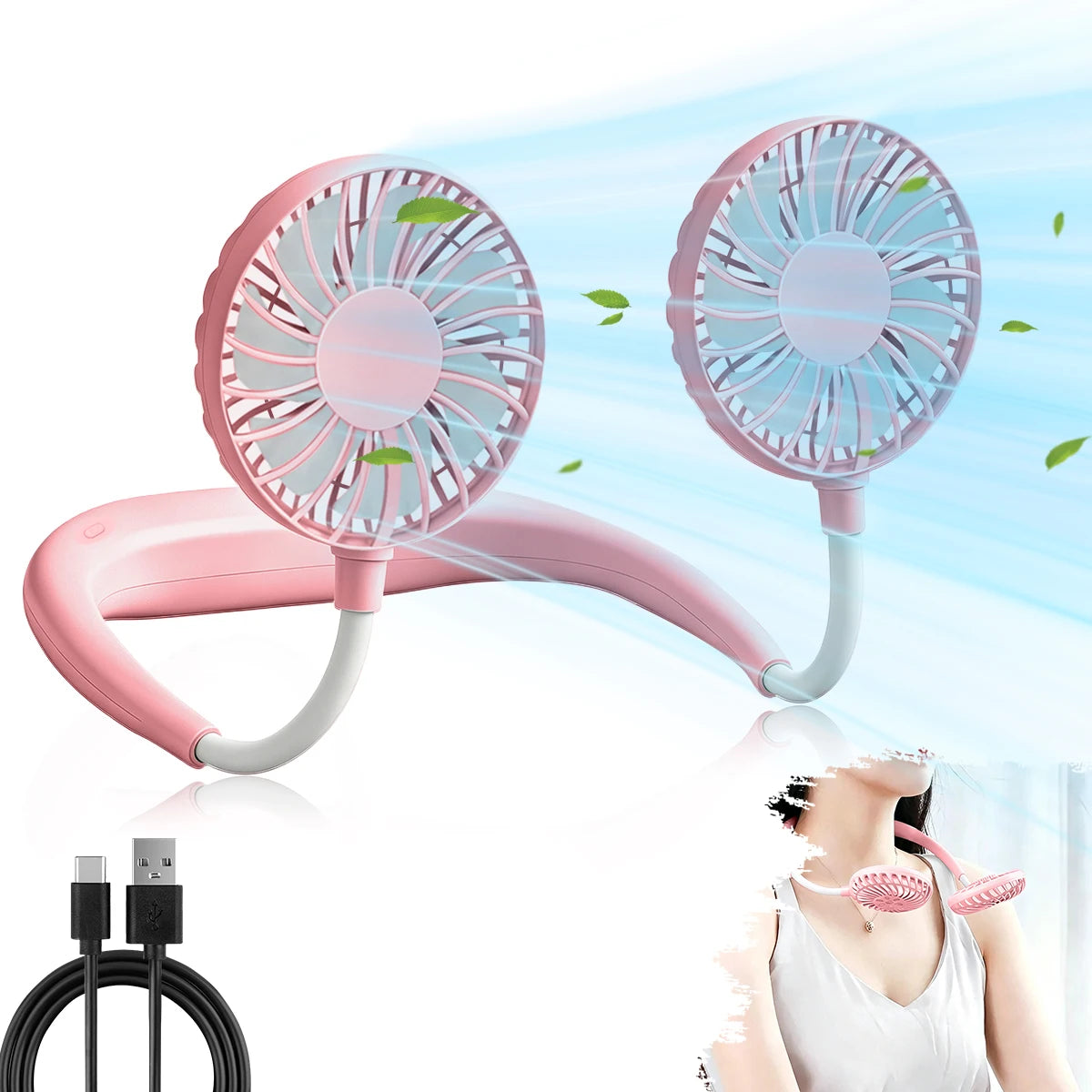 USB Rechargeable Mini Sports 3-Speed Adjustable Neck Dual Fan Home OfficeOutdoor Travel Portable Hanging Neck Fan