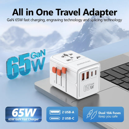 ANRMESUN 65W GaN Universal Travel Adapter with 2 USB 2 Type C Fast Charging All-in-one Travel Charger EU/UK/USA/AUS for Travel