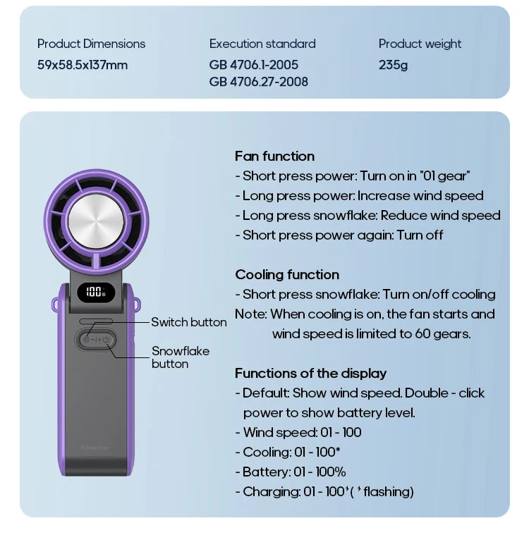 New Foldable Air Cooling Rechargeable Fan 3600mAh Portable Mini Handheld Fan 100-Speed Stepless Turbo Wind for Outdoor Travel