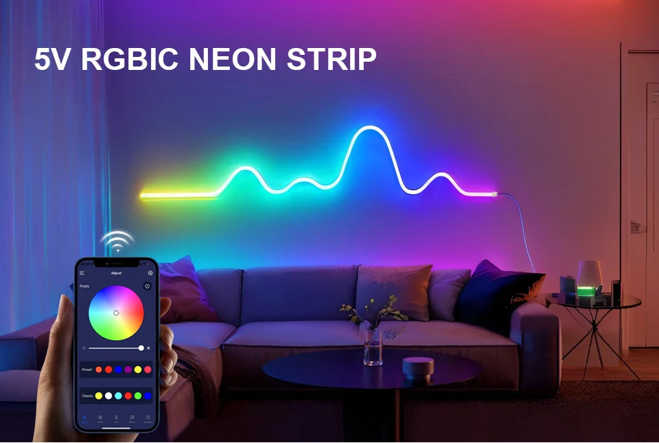 WS2812 RGBIC RGB LED Neon Light Strip,5V USB Waterproof Bluetooth Diode Neon Tape Ribbon with Remote for Room Ceiling Decoration