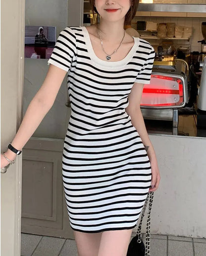 Fashion Striped Knitted Mini Dress Summer Korean Square Collar Waist Women's Clothing Slim Bag Hip Casual Short Sleeve Dresses