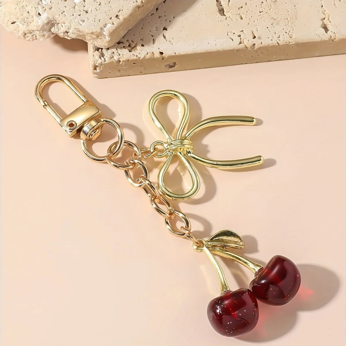 1pc Unisex Red Cherry Shaped Keychain With Fashionable Bow Pendant, Luxury Handbag Key Ring Accessory For Mother's Day Eid al Ad