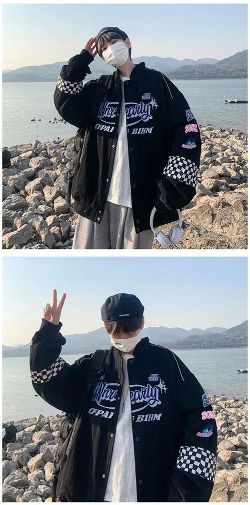 Embroidery Fashion Streetwear Racer Jackets Men Women Y2K HipHop Motorcycle Plaid Vintage Bomber Harajuku Autumn Jackets Coat
