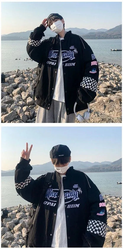 Embroidery Fashion Streetwear Racer Jackets Men Women Y2K HipHop Motorcycle Plaid Vintage Bomber Harajuku Autumn Jackets Coat