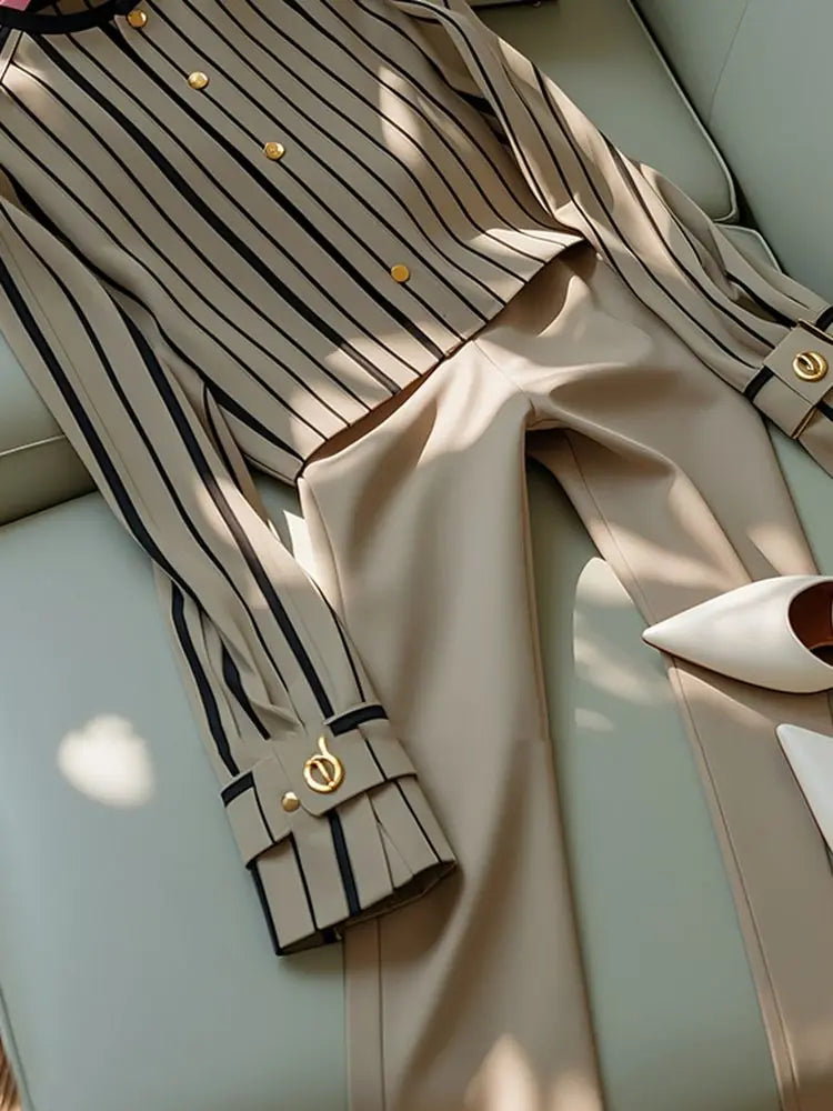 Autumn Korean Fashion High End Long Sleeve Stripe Shirt High Waist Slim Suit Pants Formal Commuter Two Piece Set Women Outfits