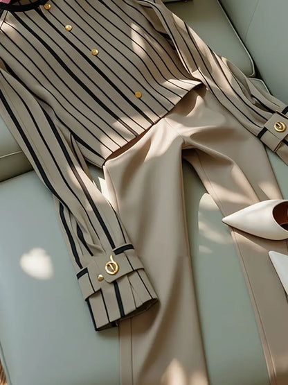 Autumn Korean Fashion High End Long Sleeve Stripe Shirt High Waist Slim Suit Pants Formal Commuter Two Piece Set Women Outfits