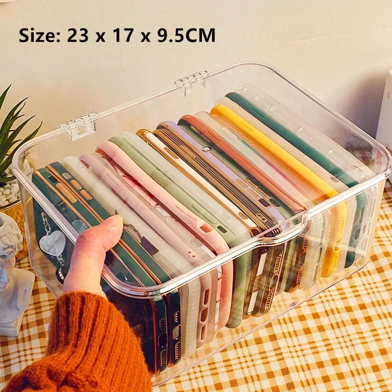 Ins Transparent Phone Case Organizer Storage Box with Cover Home Desktop Acrylic Sundries Storage Basket Phone Case Holder