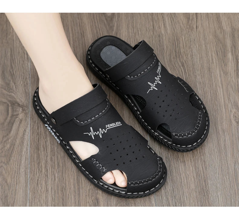 Men's Baotou Sandals Summer new Outdoor Cool Breathable Anti slip Waterproof Beach Shoes Soft Sole Fashion Dual purpose Slippers