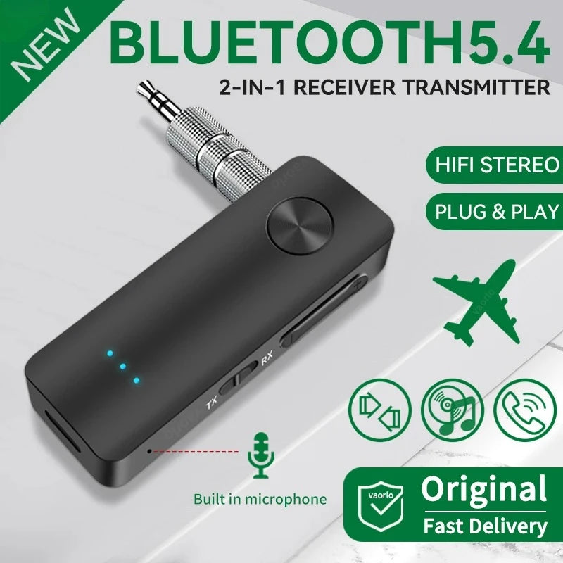 2-In-1 Wireless Audio Adapter Bluetooth 5.3 Receiver Transmitter 3.5mm Jack AUX Lossless Sound MIC For Car Speaker TV PC