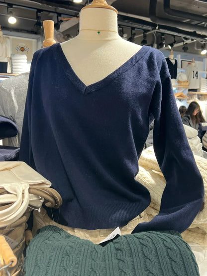 Navy Vintage Sweater Woman Autumn V-neck Long Sleeve Cotton Pullover Solid Simple Streetwear Preppy Style  Sweaters Y2k Jumpers