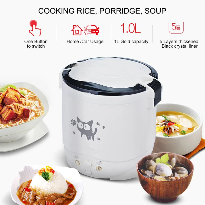 Portable Electric Mini Rice Cooker MultiCooker Rice Cooker Household 220V for Car 12V Truck 24V Cooking Machine Lunch Box Warmer
