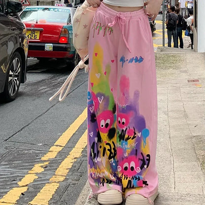 Kawaii Cute Dopamine Graffiti Casual Pants Women Tie Dye Summer Elastic High Waiste Drawstring Pockets Loose Wide Leg Trousers