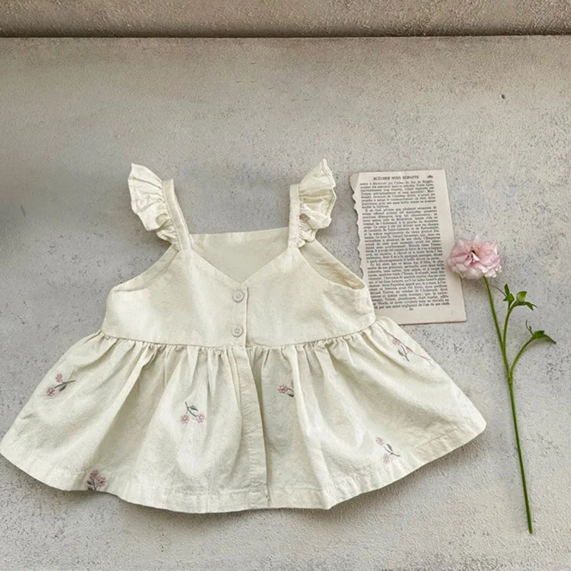 MILANCEL Baby Girl Summer Set Toddler Embroidered Ruffle Dress Top Shorts 2pcs
